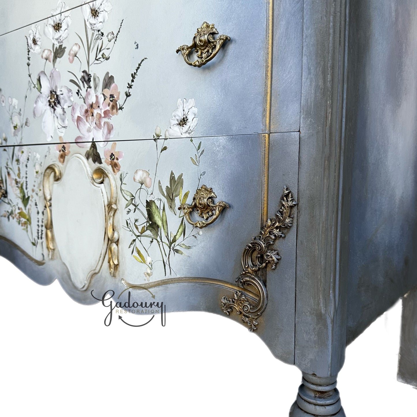 FREE SHIPPING *** Vintage Antique Solid Wood Floral Blue Gray Tall Chest of Drawers Dresser French Glam Gold Romantic