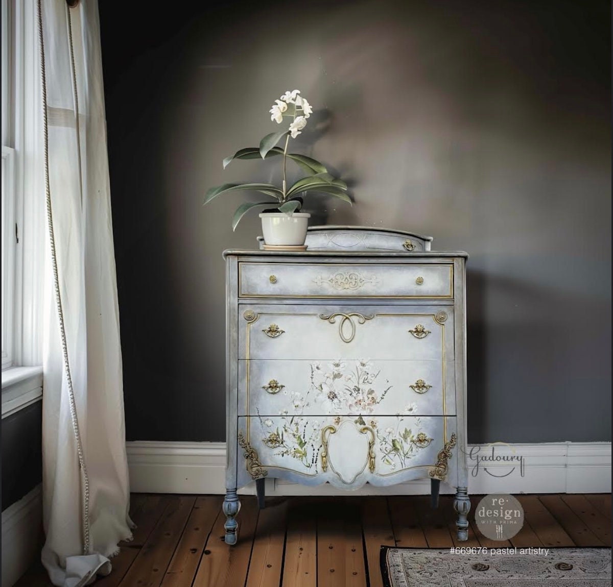 FREE SHIPPING *** Vintage Antique Solid Wood Floral Blue Gray Tall Chest of Drawers Dresser French Glam Gold Romantic