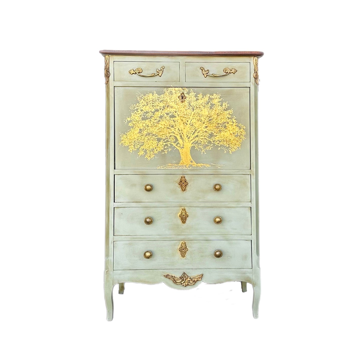 FREE SHIPPING *** French Solid Wood Vintage Antique Green Gold French Solid Wood Tall Chest of Drawers Dresser Secretary Desk Hall Cabinet