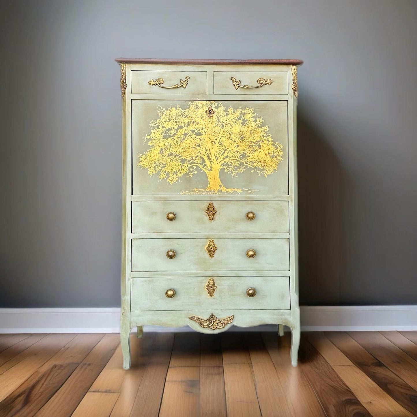 FREE SHIPPING *** French Solid Wood Vintage Antique Green Gold French Solid Wood Tall Chest of Drawers Dresser Secretary Desk Hall Cabinet