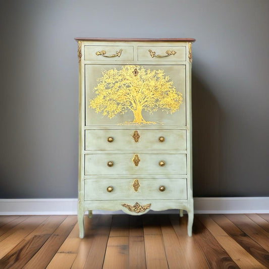FREE SHIPPING *** French Solid Wood Vintage Antique Green Gold French Solid Wood Tall Chest of Drawers Dresser Secretary Desk Hall Cabinet