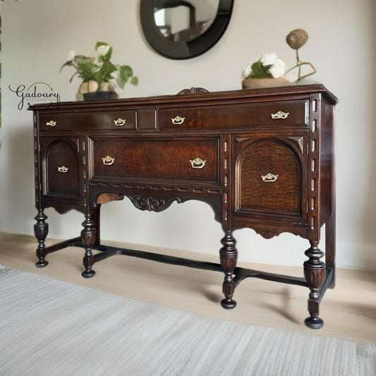 FREE SHIPPING *** Fully Restored Antique Vintage Solid Wood Jacobean Gothic Ornate Buffet Credenza Tv stand Accent piece Victorian Walnut