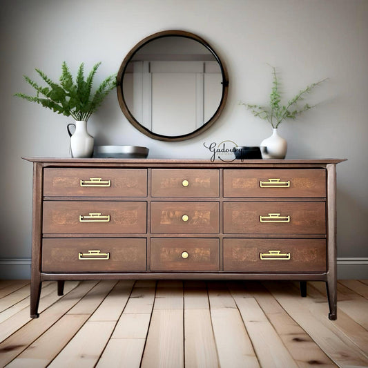 FREE SHIPPING *** White Furniture Brand MCM Mid Century Solid Dark Walnut Restored 9 drawer Vintage Dresser Buffet Credenza Tv Stand