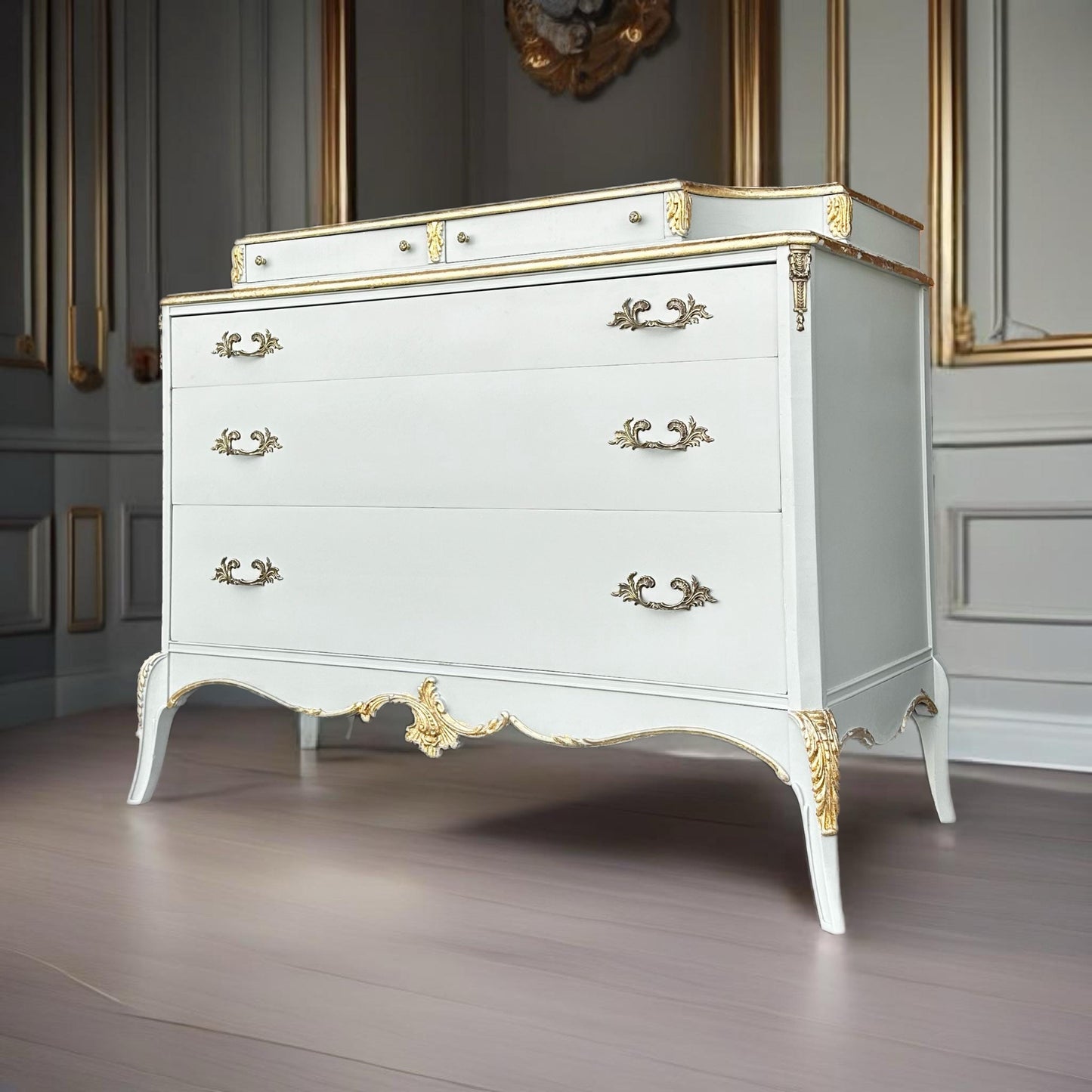Sold Sold- Do NOT Purchase- Can Replicate- Antique French Provincial Floral Gold Blue Green Glam Boudoir resser Vanity Solid Wood