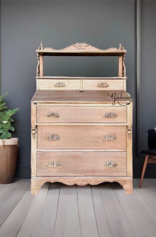 FREE SHIPPING *** Vintage Antique Solid Wood Natural Neutral Secretary Desk cabinet Dresser Storage Victorian Goth Desk