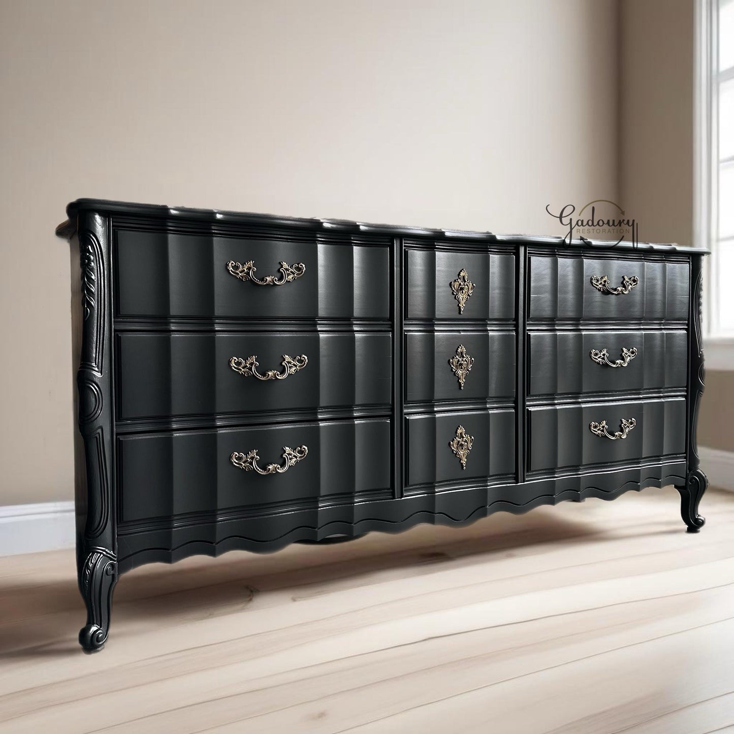 SOLD SOLD SOLD  French Boardier Vintage Antique French Provincial Wood Chest of Drawers Long Do Not Buy- Example of Previous Work