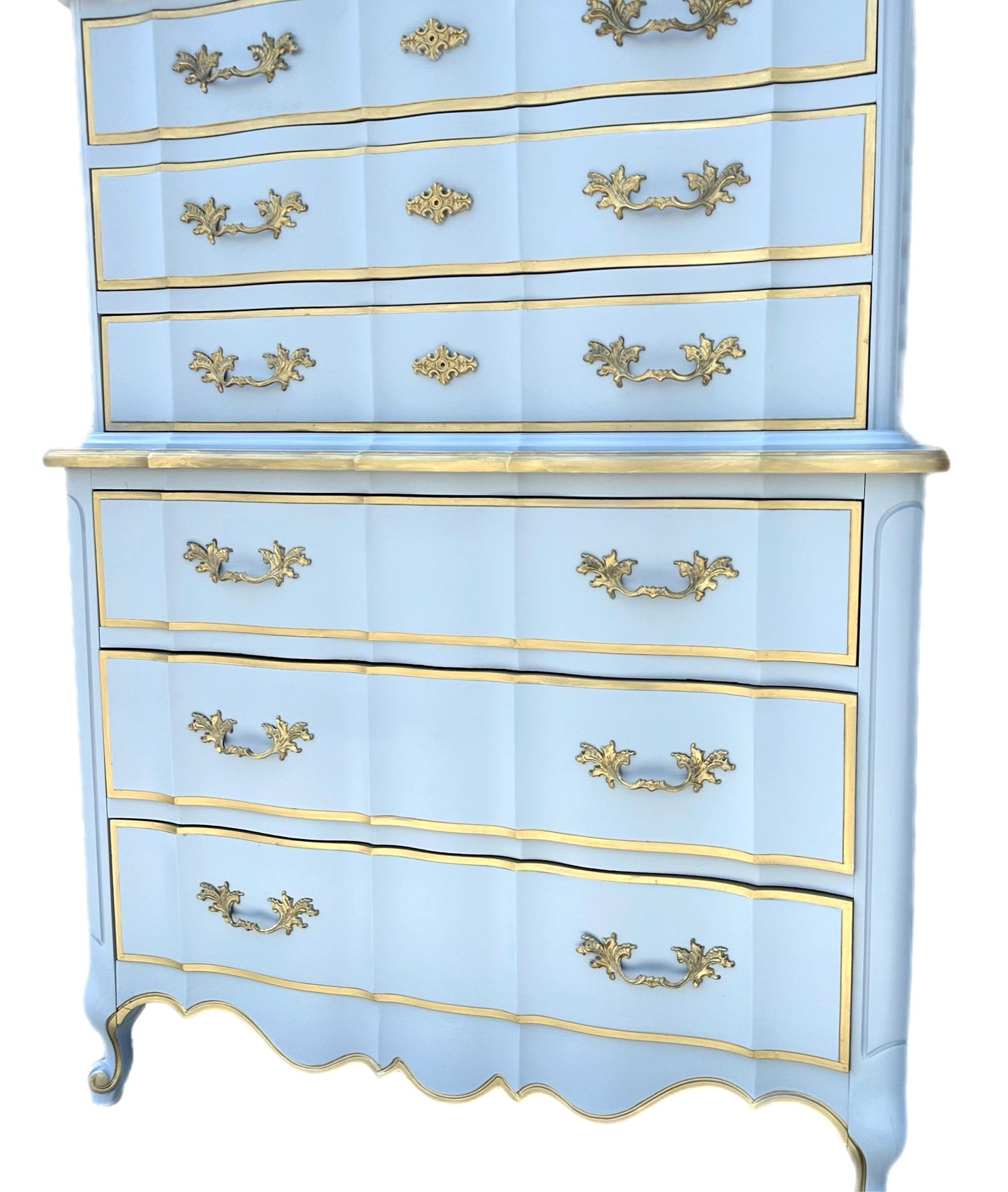 Do Not Purchase** Sold Sold Sold - Hollywood Glam Boardier French Provincial Gold Blue High Boy Tall Chest Dixie Furniture