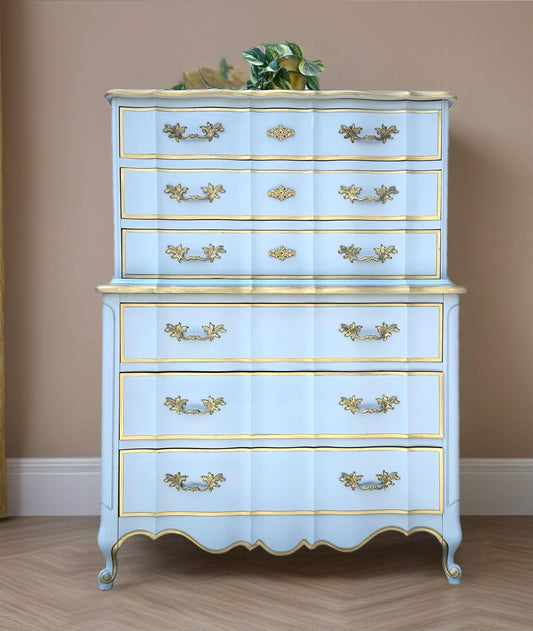 Do Not Purchase** Sold Sold Sold - Hollywood Glam Boardier French Provincial Gold Blue High Boy Tall Chest Dixie Furniture