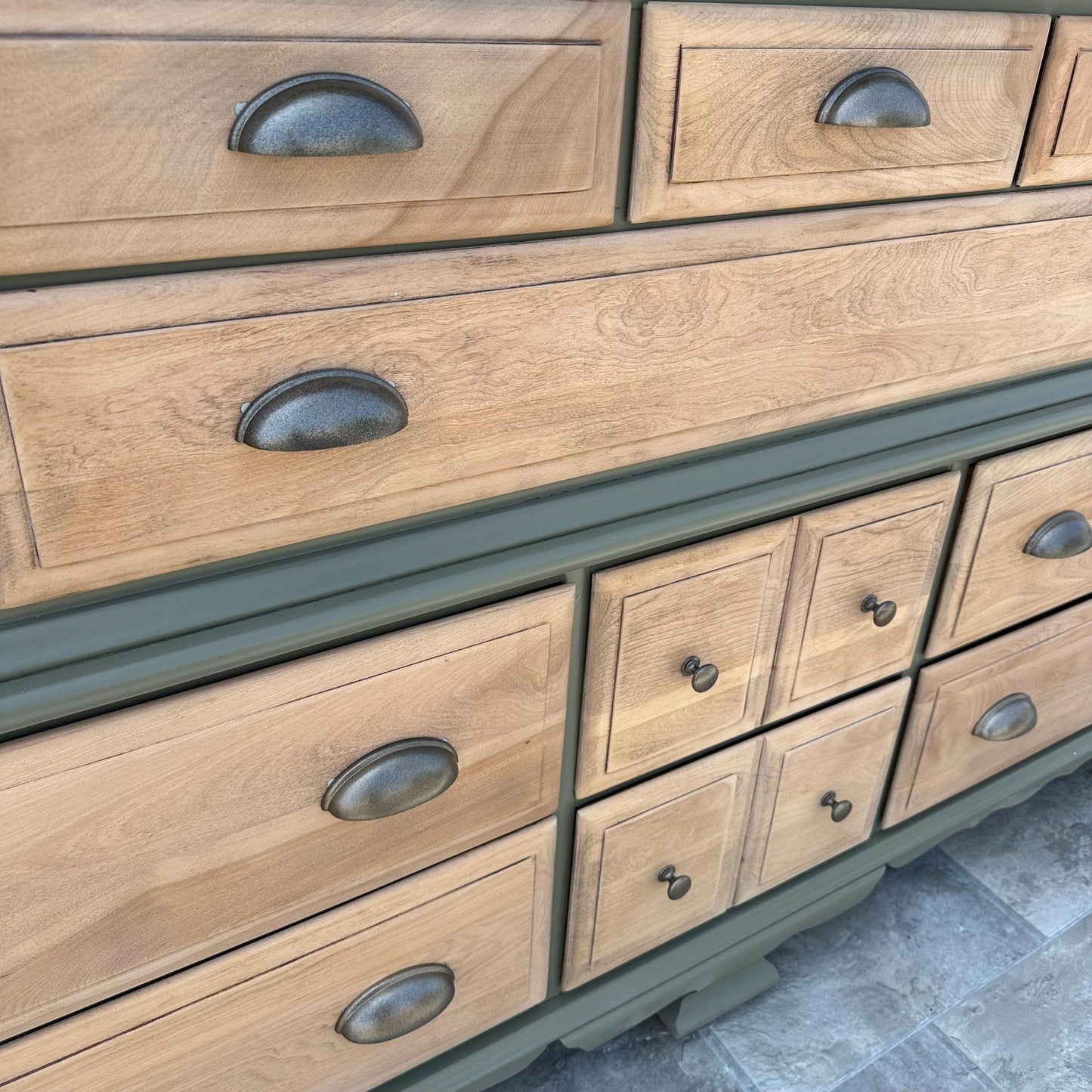 Sold Sold Sold -Do NOT Buy - Can Replicate Olive Green Solid Pine Walnut Wood Modern Natural Wood Long Dresser TV Stand Buffet Credenza