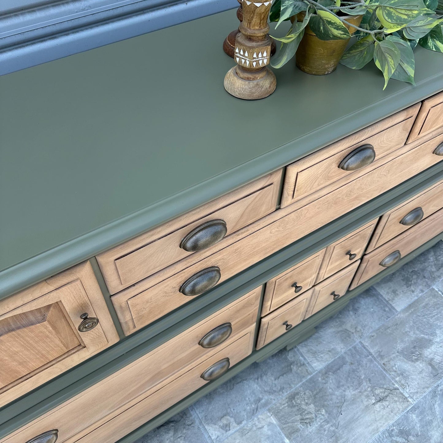 Sold Sold Sold -Do NOT Buy - Can Replicate Olive Green Solid Pine Walnut Wood Modern Natural Wood Long Dresser TV Stand Buffet Credenza