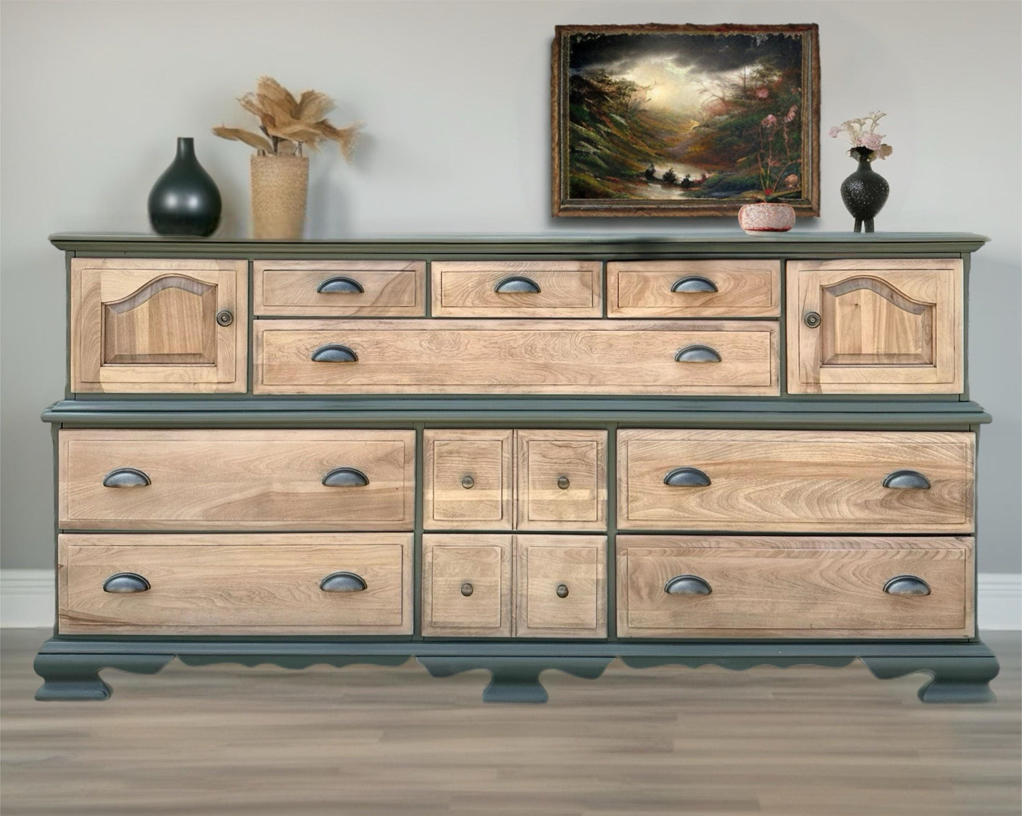 Sold Sold Sold -Do NOT Buy - Can Replicate Olive Green Solid Pine Walnut Wood Modern Natural Wood Long Dresser TV Stand Buffet Credenza