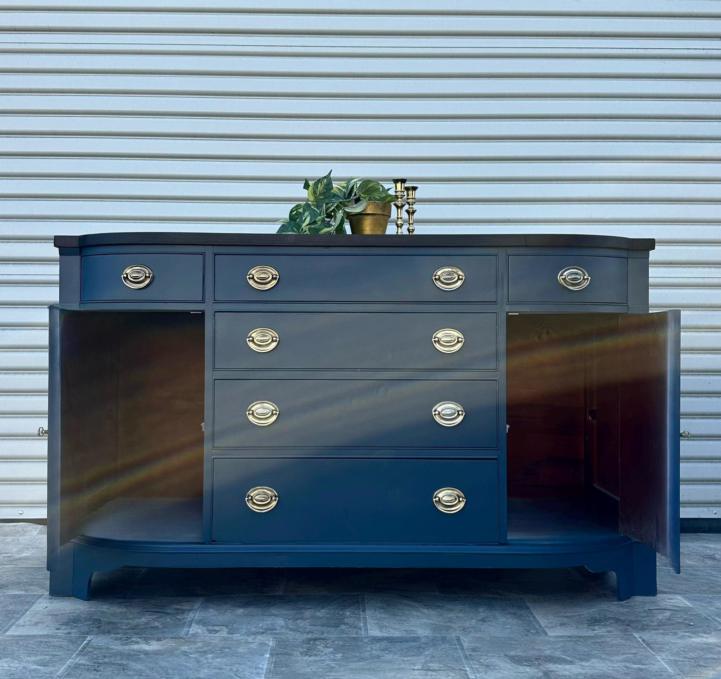 SOLD SOLD SOLD - Do Not Purchase Rich Navy Blue Brown Solid Wood Antique Vintage Federal Buffet Cabinet Credenza Accent Stand