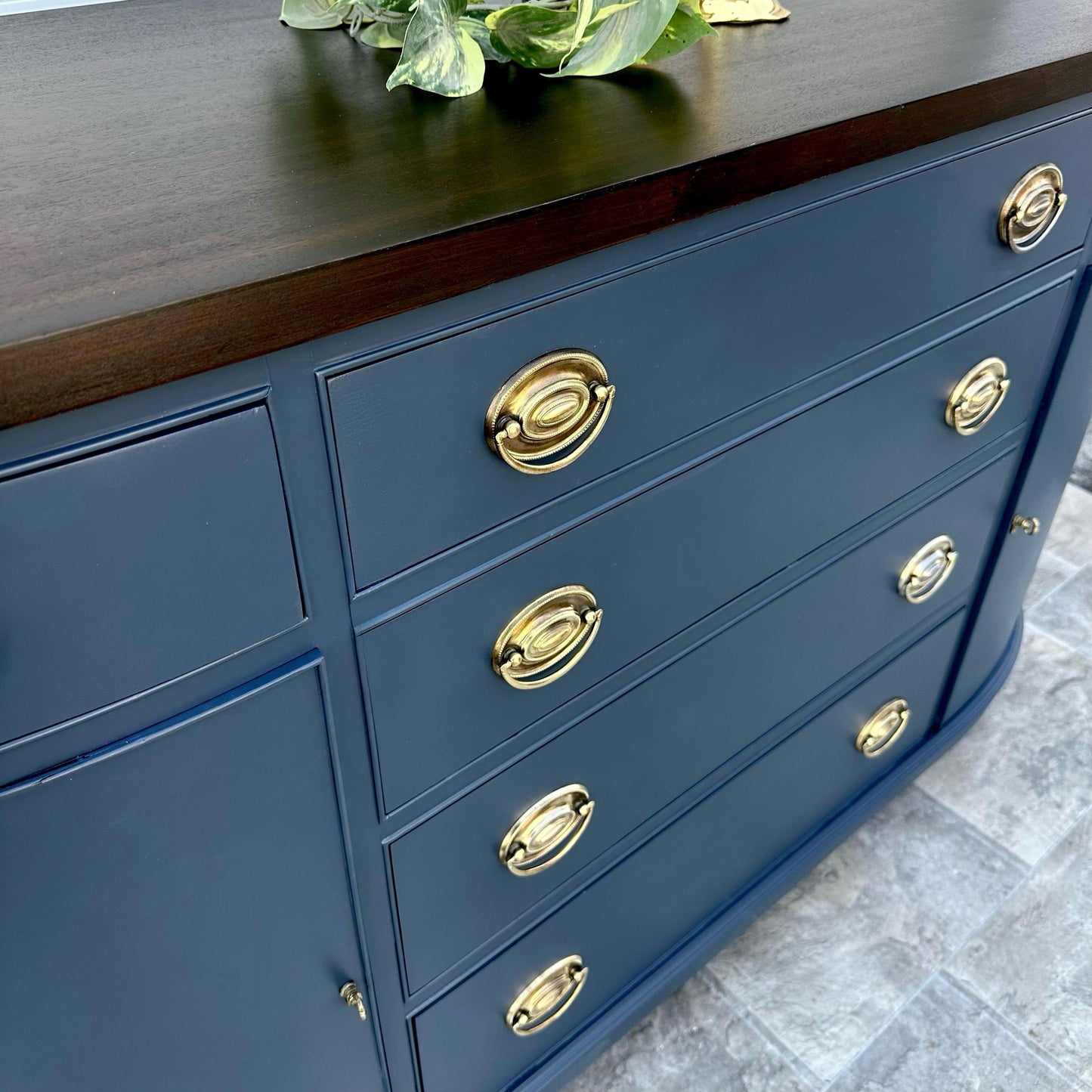 SOLD SOLD SOLD - Do Not Purchase Rich Navy Blue Brown Solid Wood Antique Vintage Federal Buffet Cabinet Credenza Accent Stand