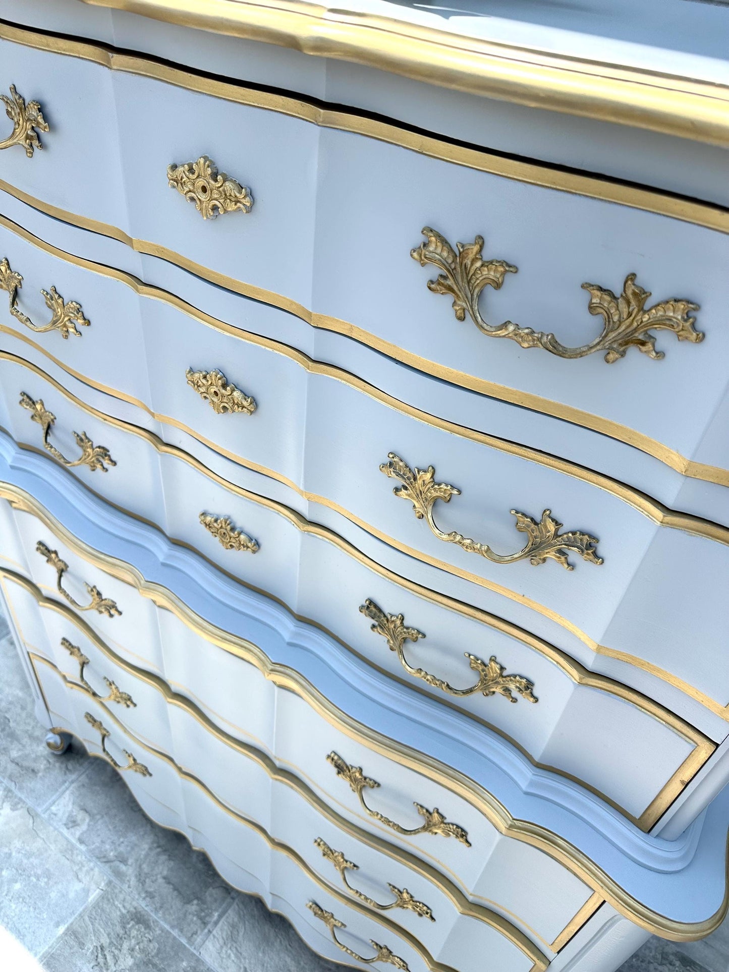 Do Not Purchase** Sold Sold Sold - Hollywood Glam Boardier French Provincial Gold Blue High Boy Tall Chest Dixie Furniture