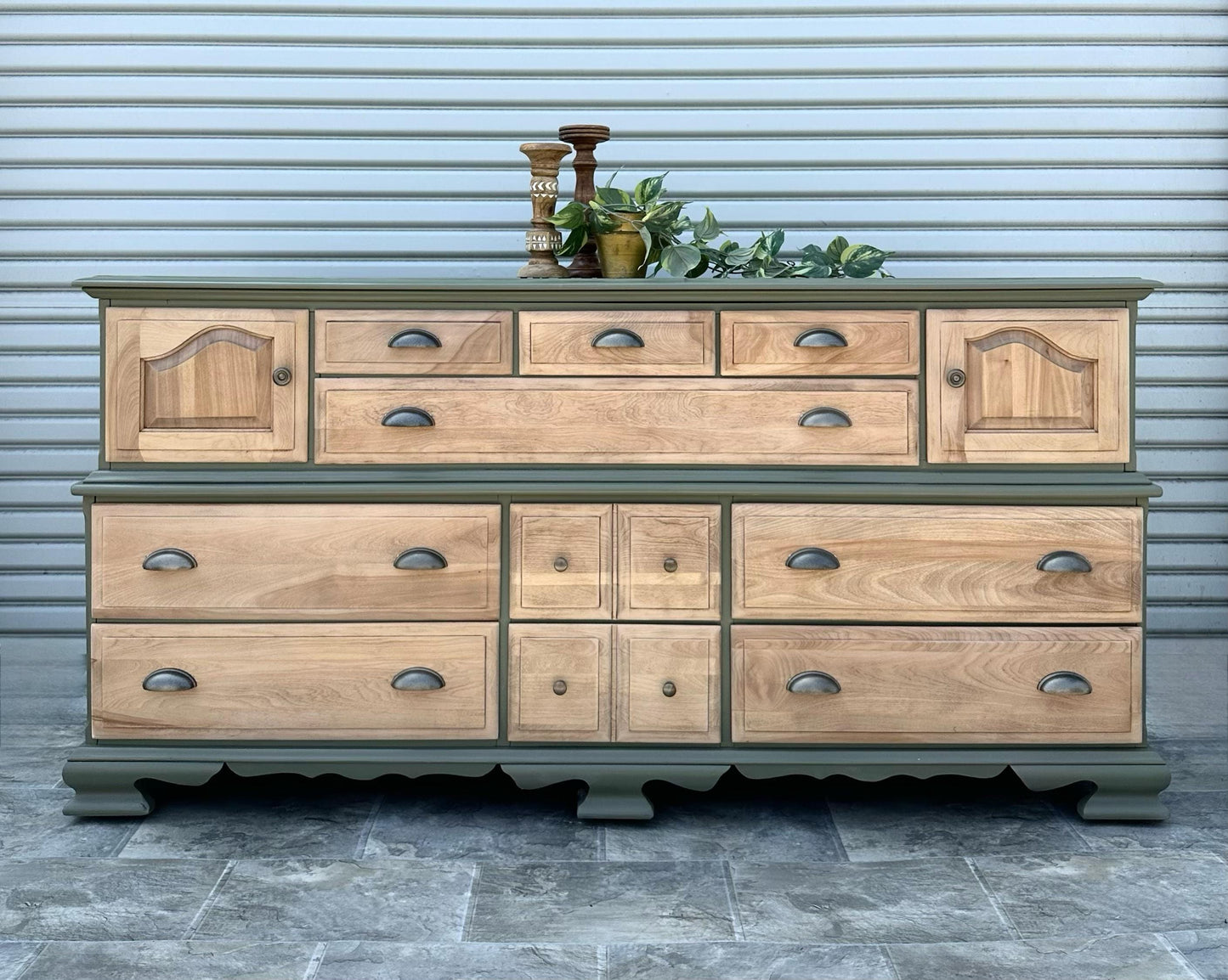 Sold Sold Sold -Do NOT Buy - Can Replicate Olive Green Solid Pine Walnut Wood Modern Natural Wood Long Dresser TV Stand Buffet Credenza