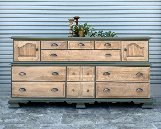 Sold Sold Sold -Do NOT Buy - Can Replicate Olive Green Solid Pine Walnut Wood Modern Natural Wood Long Dresser TV Stand Buffet Credenza