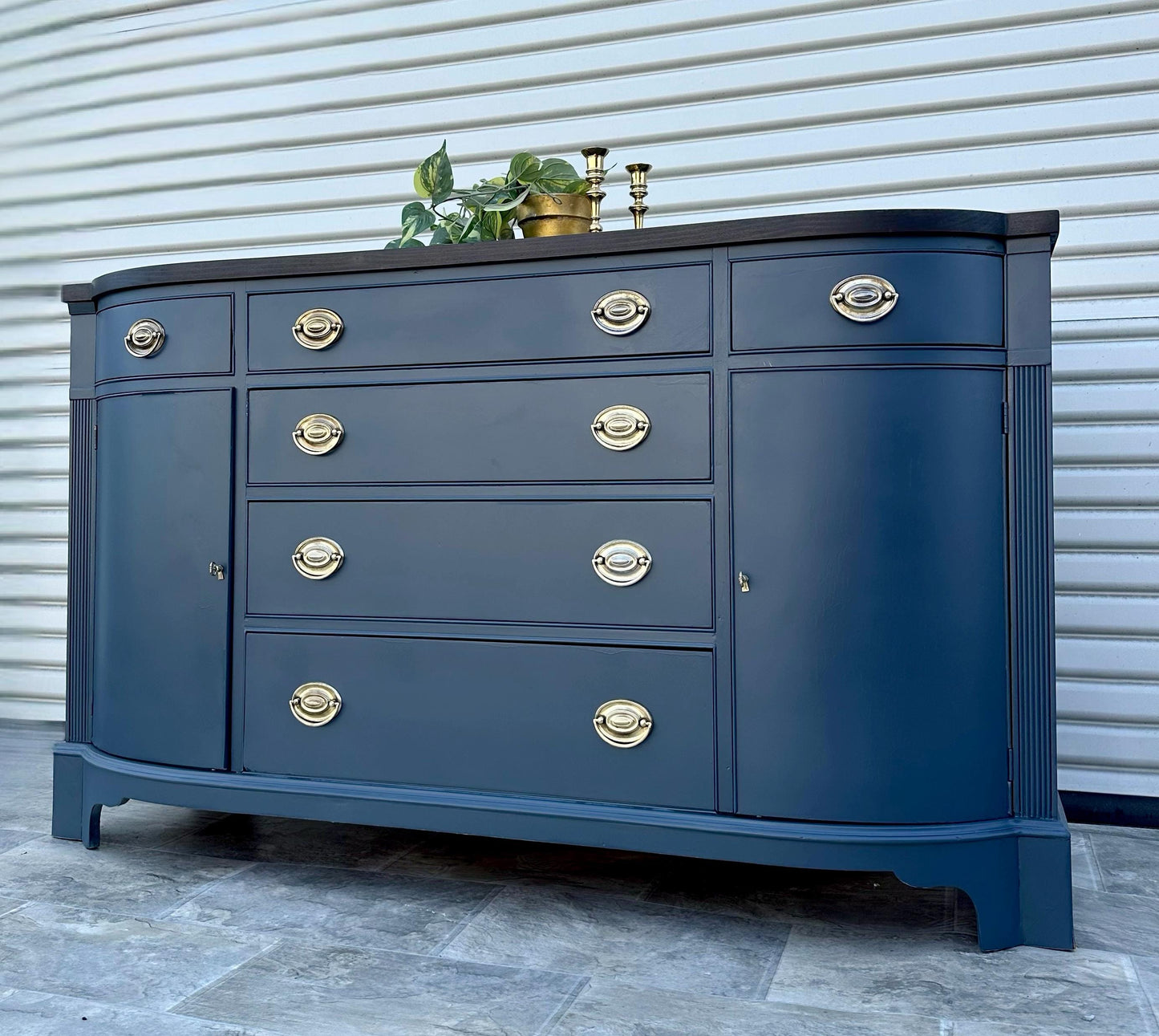 SOLD SOLD SOLD - Do Not Purchase Rich Navy Blue Brown Solid Wood Antique Vintage Federal Buffet Cabinet Credenza Accent Stand