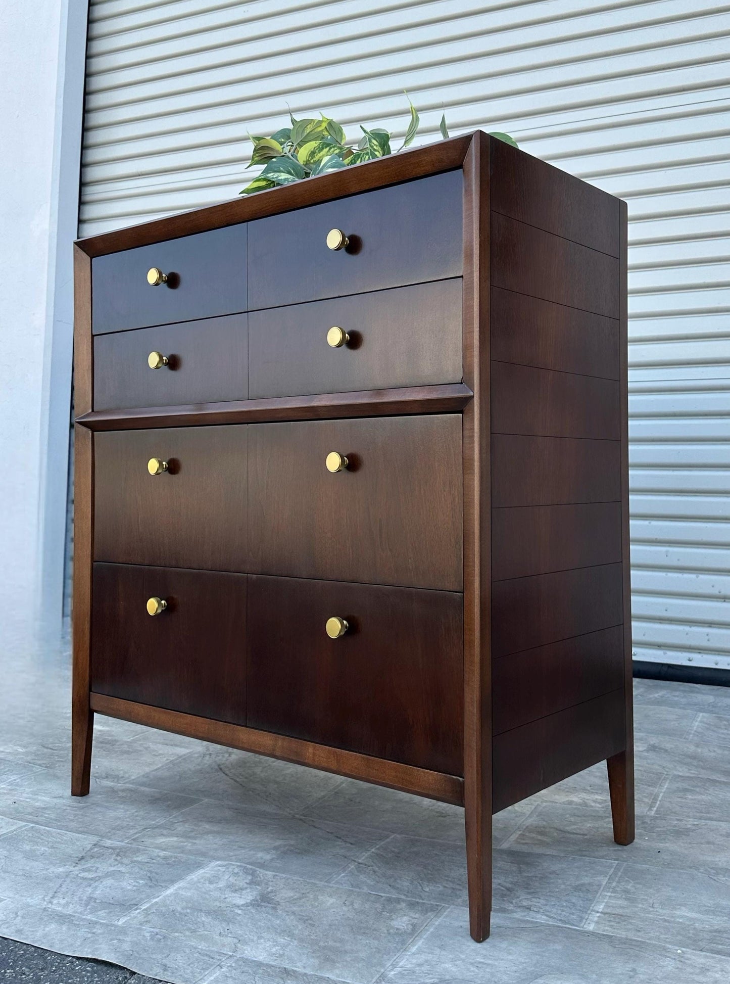 FULLY RESTORED**free shipping** Vintage Antique Solid Wood Mid Century MCM Modern Tall Wide Dark Walnut Gold 1960s Dresser Chest of Drawers