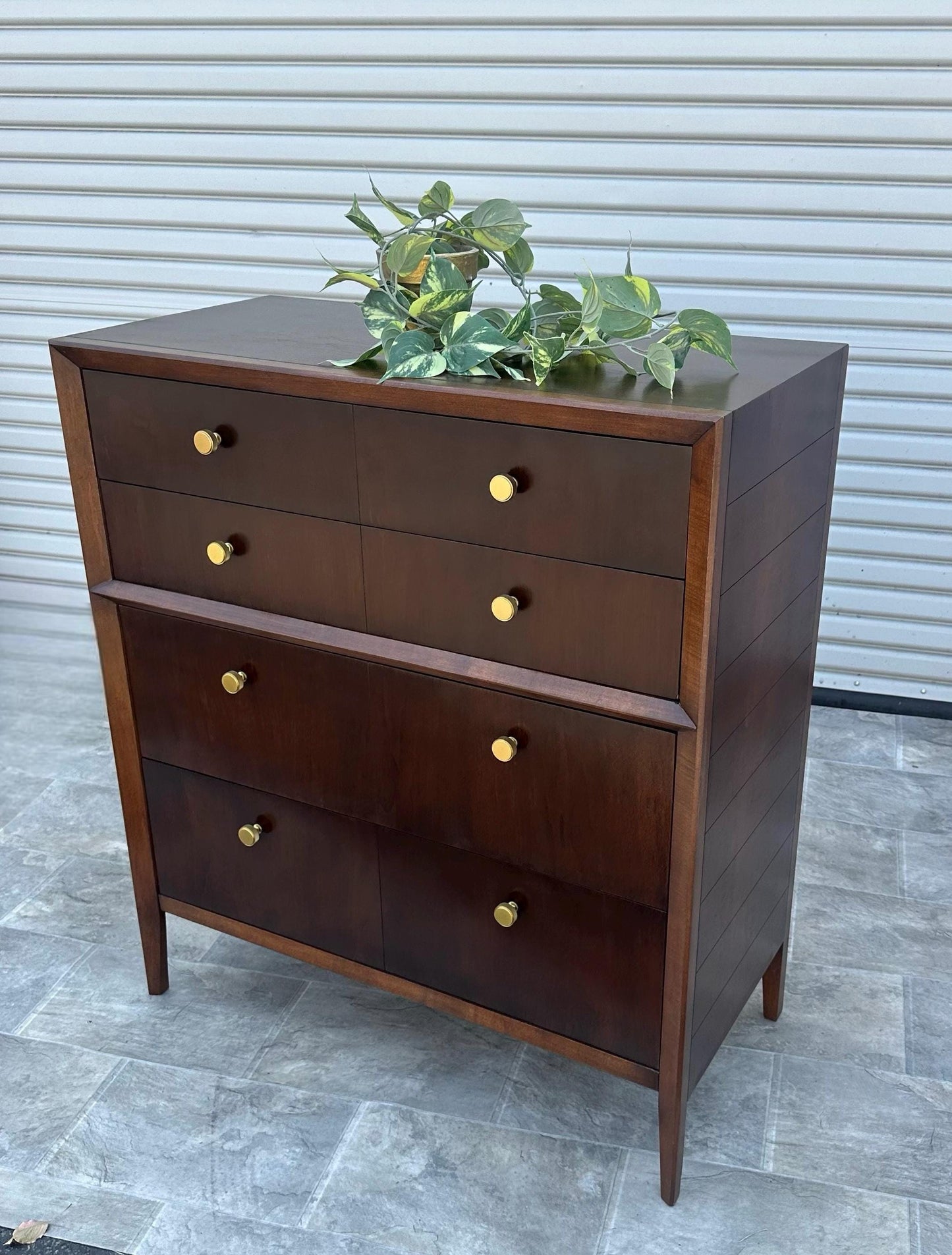 FULLY RESTORED**free shipping** Vintage Antique Solid Wood Mid Century MCM Modern Tall Wide Dark Walnut Gold 1960s Dresser Chest of Drawers