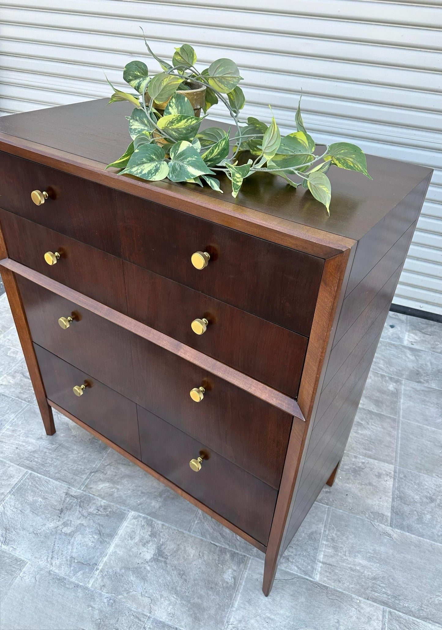 FULLY RESTORED**free shipping** Vintage Antique Solid Wood Mid Century MCM Modern Tall Wide Dark Walnut Gold 1960s Dresser Chest of Drawers