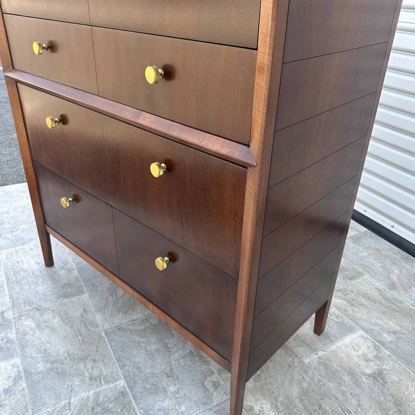 FULLY RESTORED**free shipping** Vintage Antique Solid Wood Mid Century MCM Modern Tall Wide Dark Walnut Gold 1960s Dresser Chest of Drawers