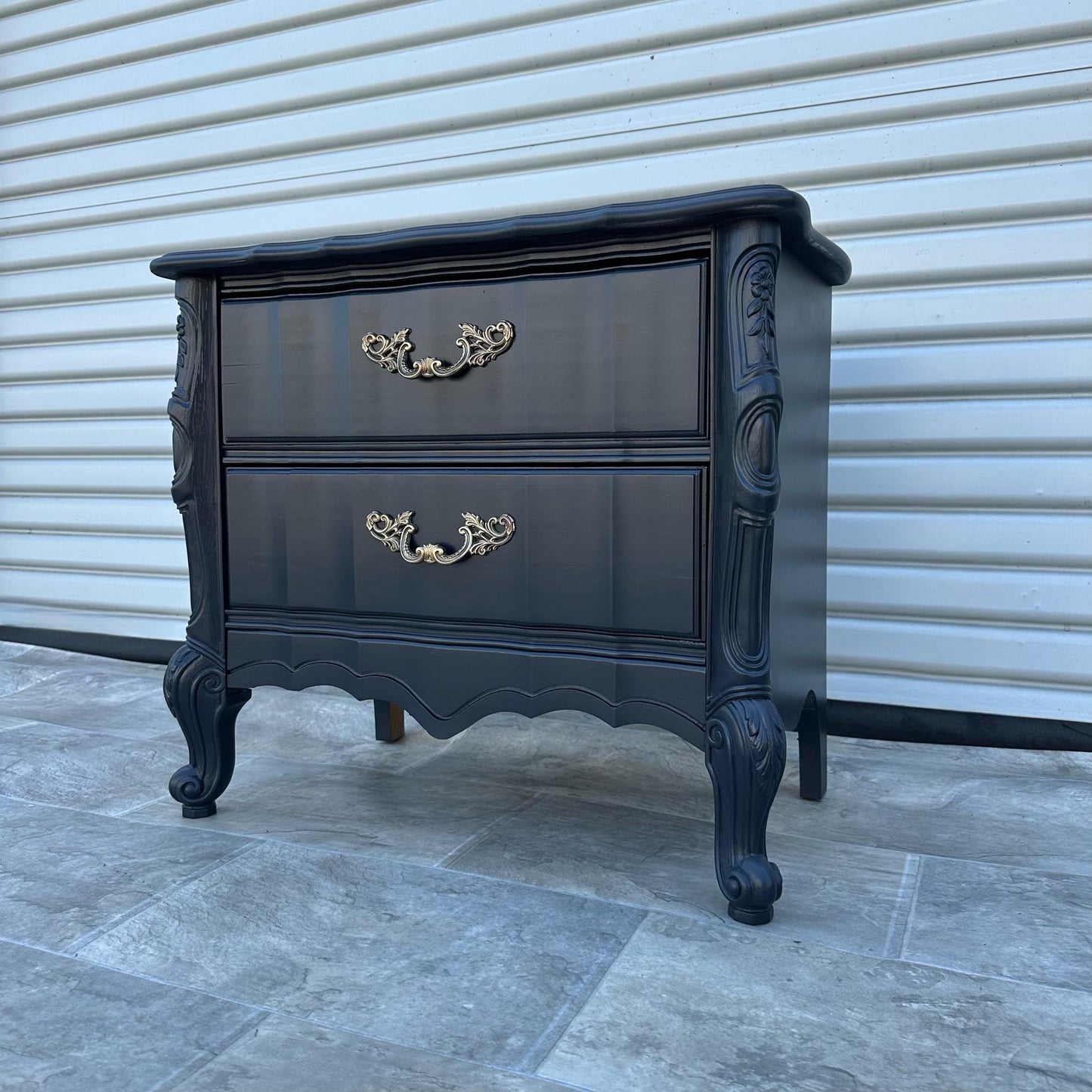 FREE SHIPPING ** French Serpentine Vintage Hollywood Navy Blue Black Glam French Provincial Boudoir End Table Night Stand Shabby Chic