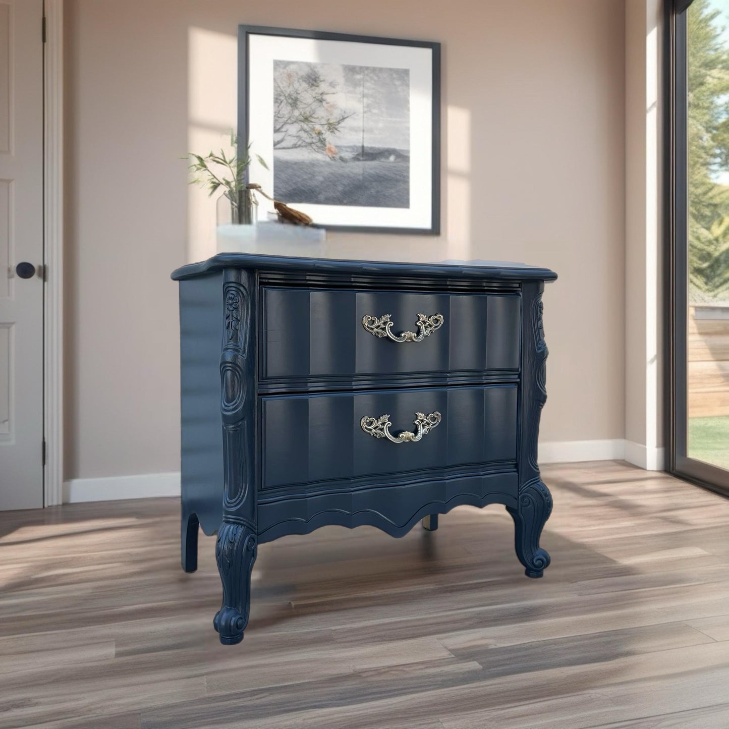 FREE SHIPPING ** French Serpentine Vintage Hollywood Navy Blue Black Glam French Provincial Boudoir End Table Night Stand Shabby Chic