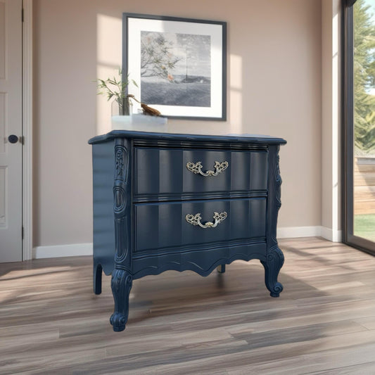 FREE SHIPPING ** French Serpentine Vintage Hollywood Navy Blue Black Glam French Provincial Boudoir End Table Night Stand Shabby Chic
