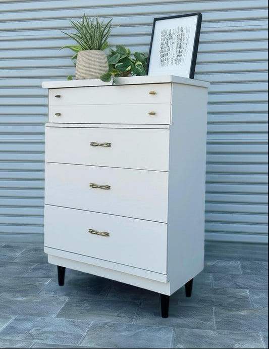 SOLD SOLD Do Not Purchase* Mid Century Solid Wood Cream White Wood MCM Retro Modern Chest of Drawers Tall Dresser