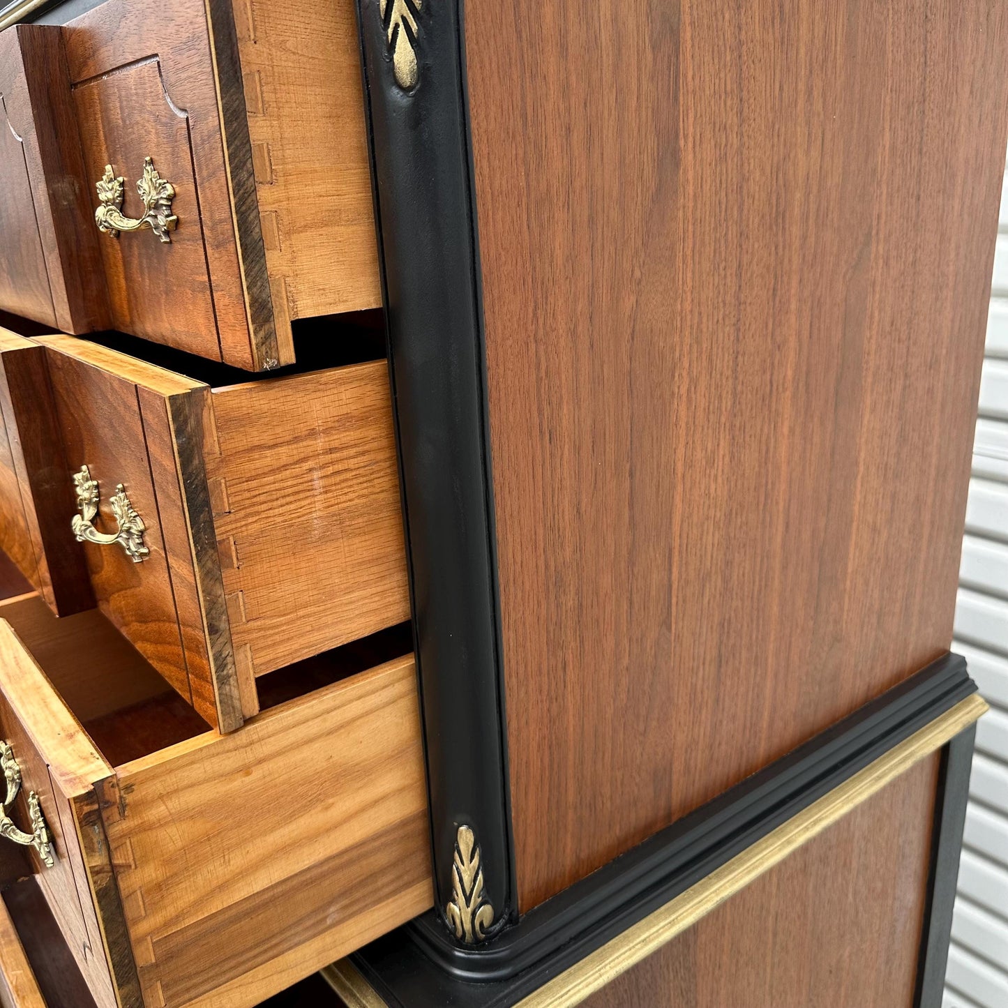 Free Shipping** Gothic Black Gold Glam Antique French Provincial Louis XV Burled Walnut and Parcel Painted Highboy Dresser Circa 1920s