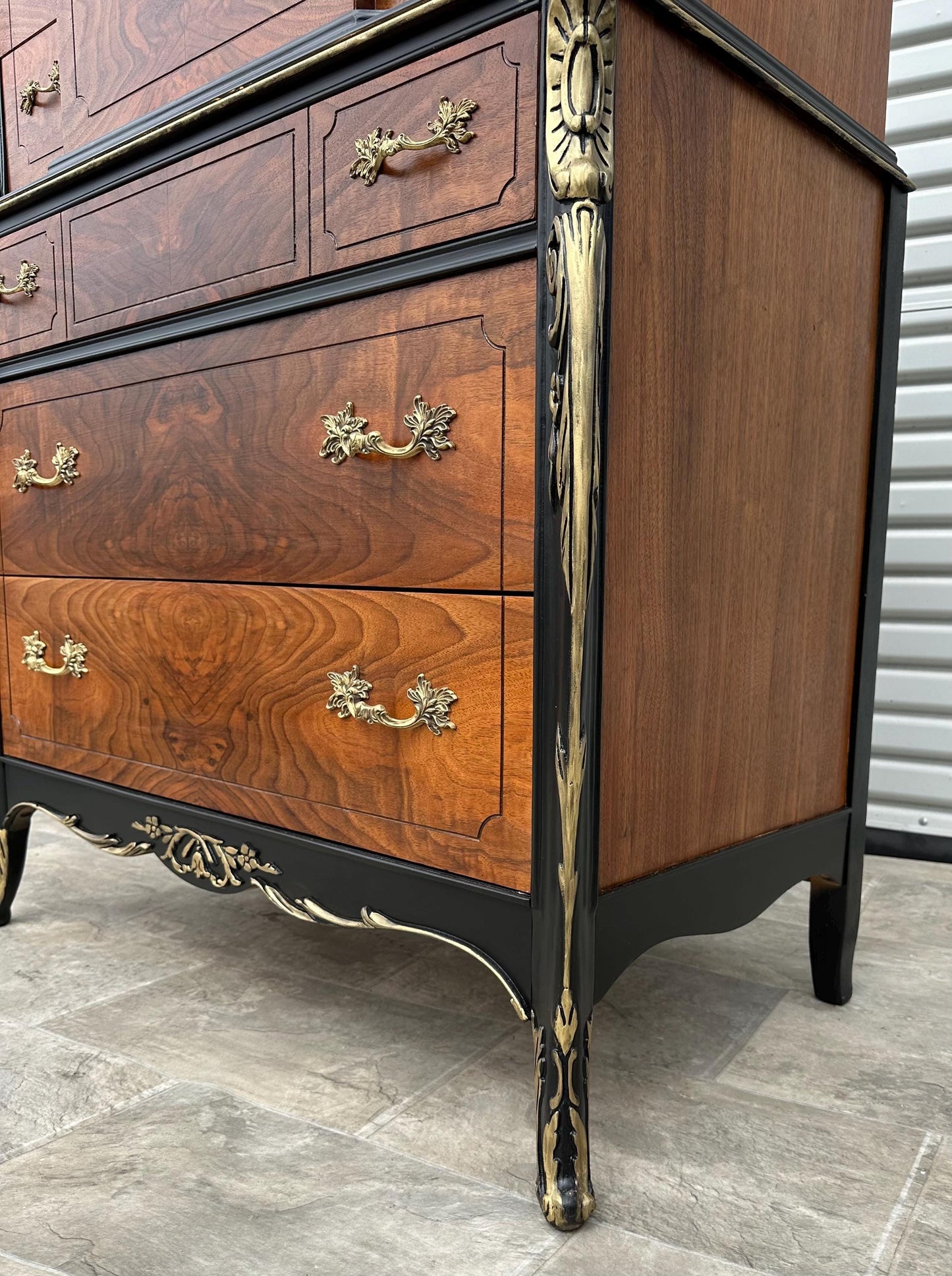 Free Shipping** Gothic Black Gold Glam Antique French Provincial Louis XV Burled Walnut and Parcel Painted Highboy Dresser Circa 1920s
