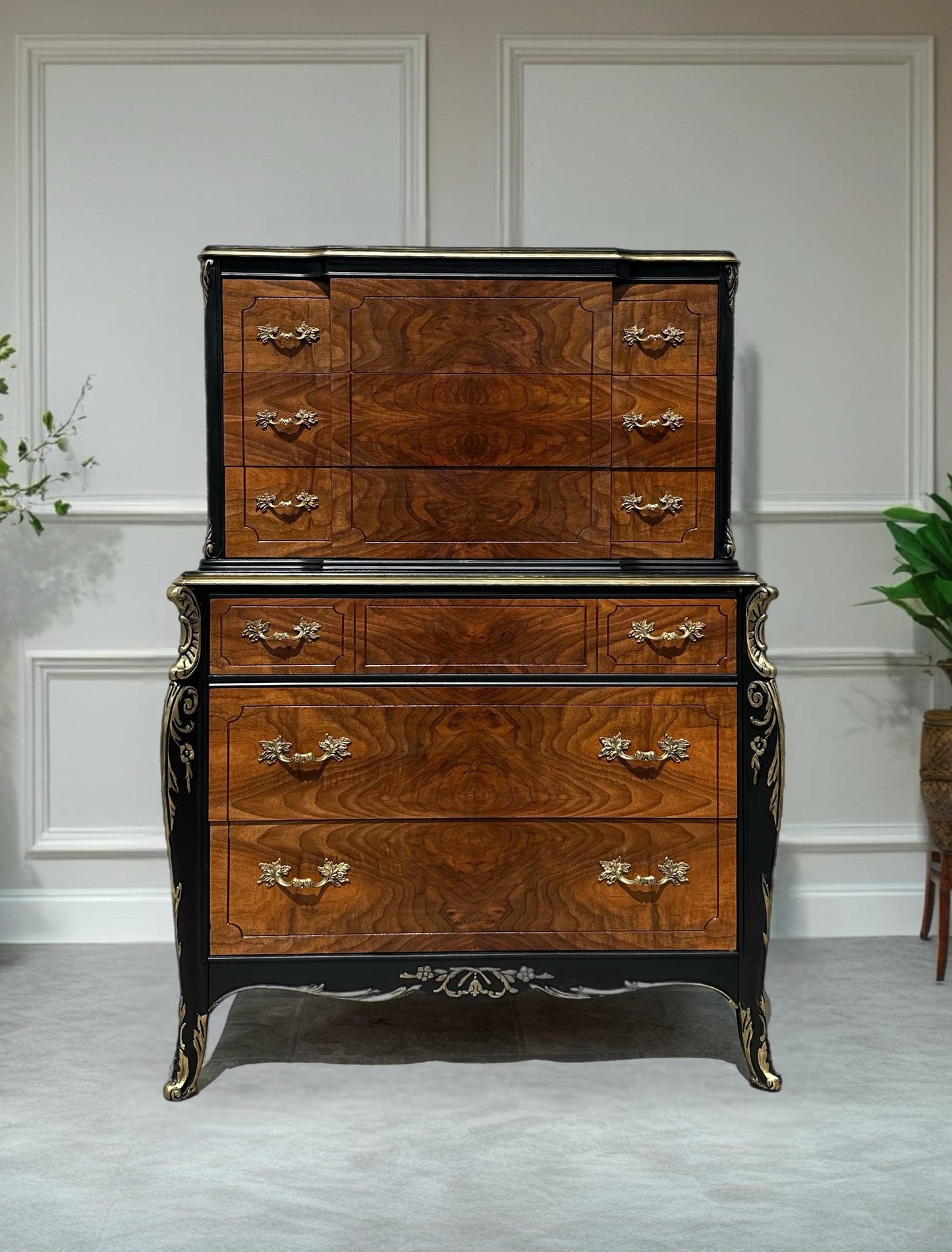 Free Shipping** Gothic Black Gold Glam Antique French Provincial Louis XV Burled Walnut and Parcel Painted Highboy Dresser Circa 1920s