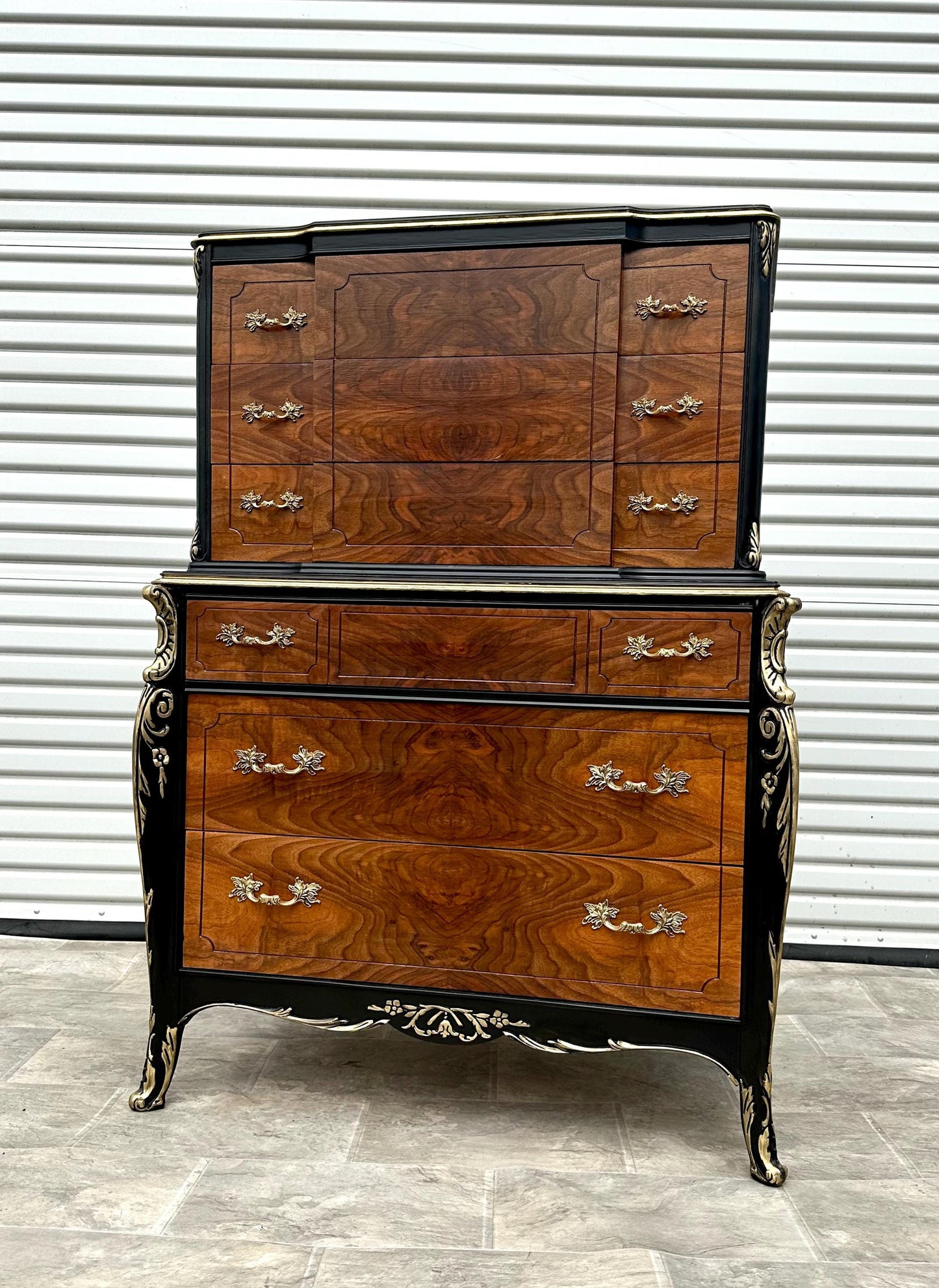 Free Shipping** Gothic Black Gold Glam Antique French Provincial Louis XV Burled Walnut and Parcel Painted Highboy Dresser Circa 1920s