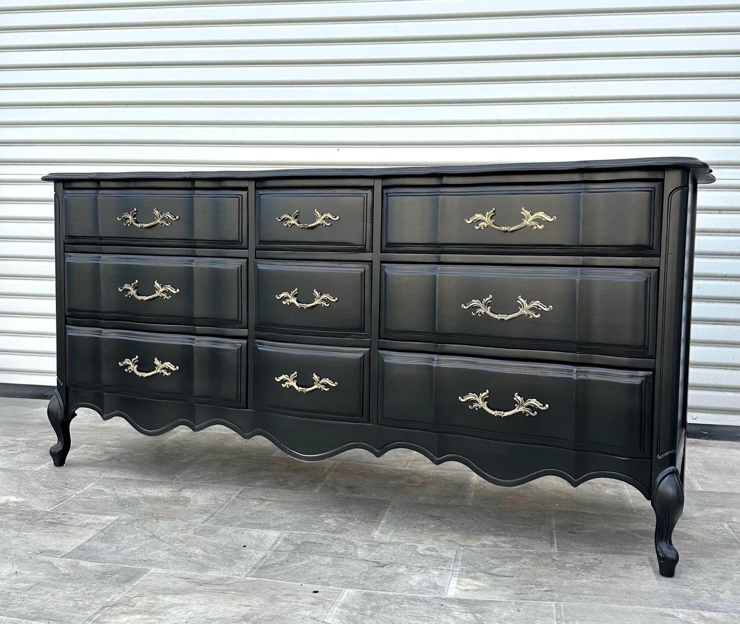 Sold Sold Sold Do Not Purchase** example of work  Black Vintage Antique French Provincial Wood Chest Drawers Long  Serpentine Dresser