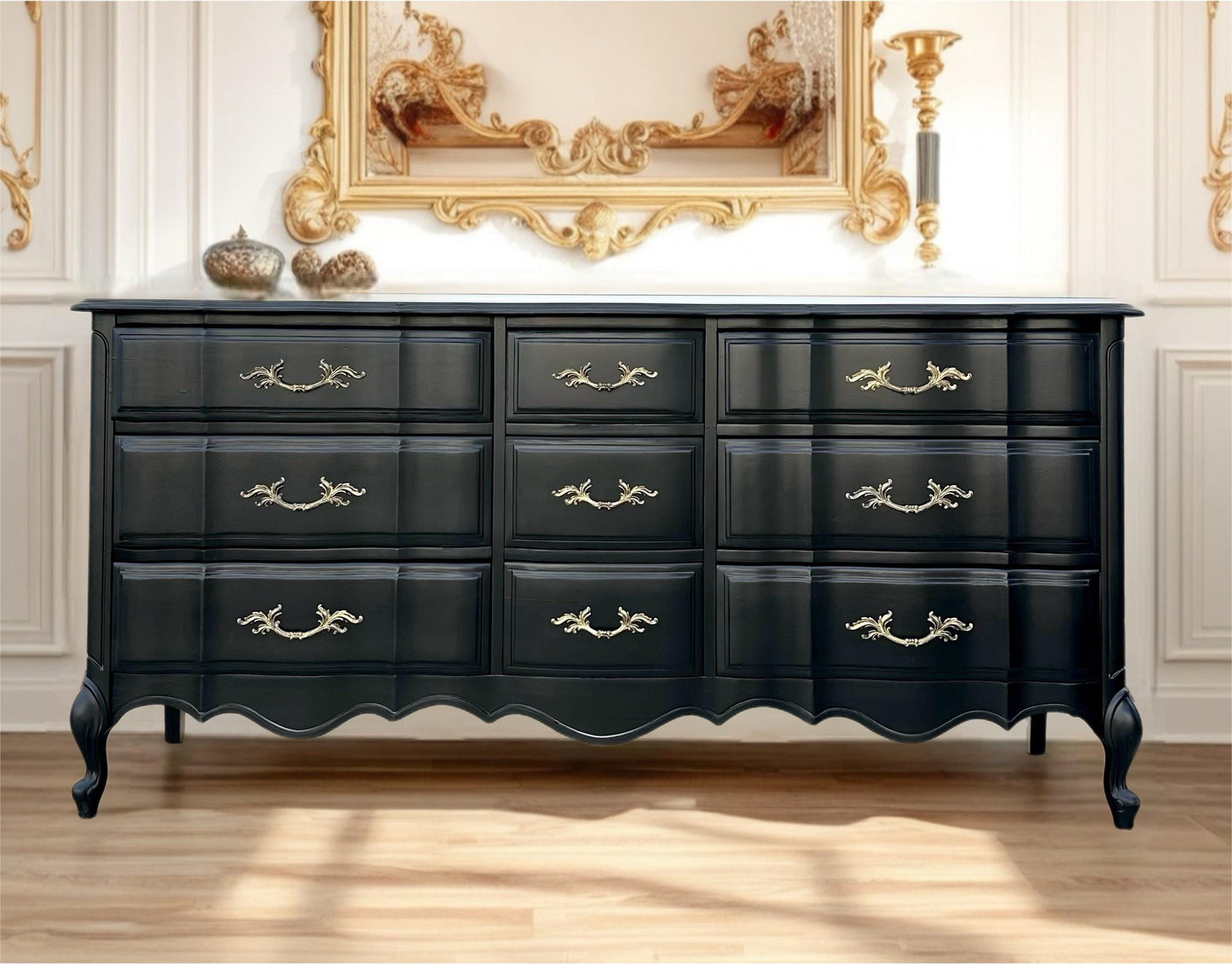 Sold Sold Sold Do Not Purchase** example of work  Black Vintage Antique French Provincial Wood Chest Drawers Long  Serpentine Dresser