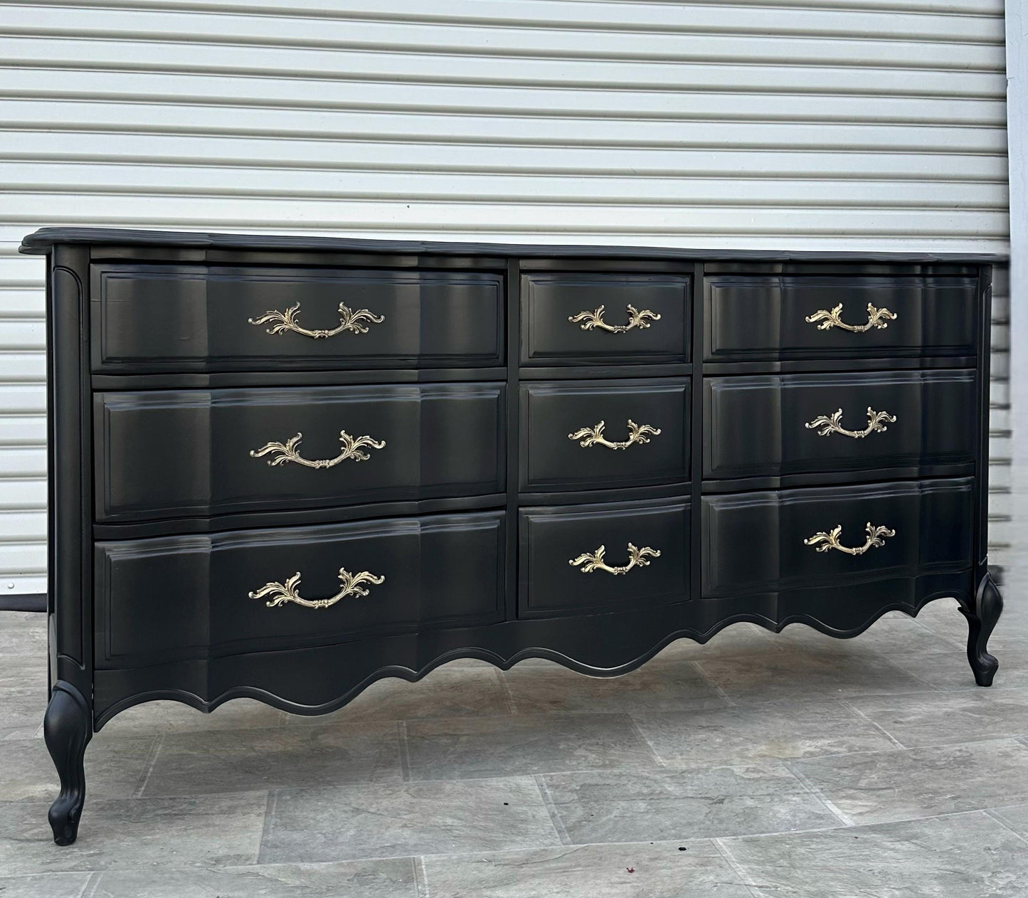 Sold Sold Sold Do Not Purchase** example of work  Black Vintage Antique French Provincial Wood Chest Drawers Long  Serpentine Dresser