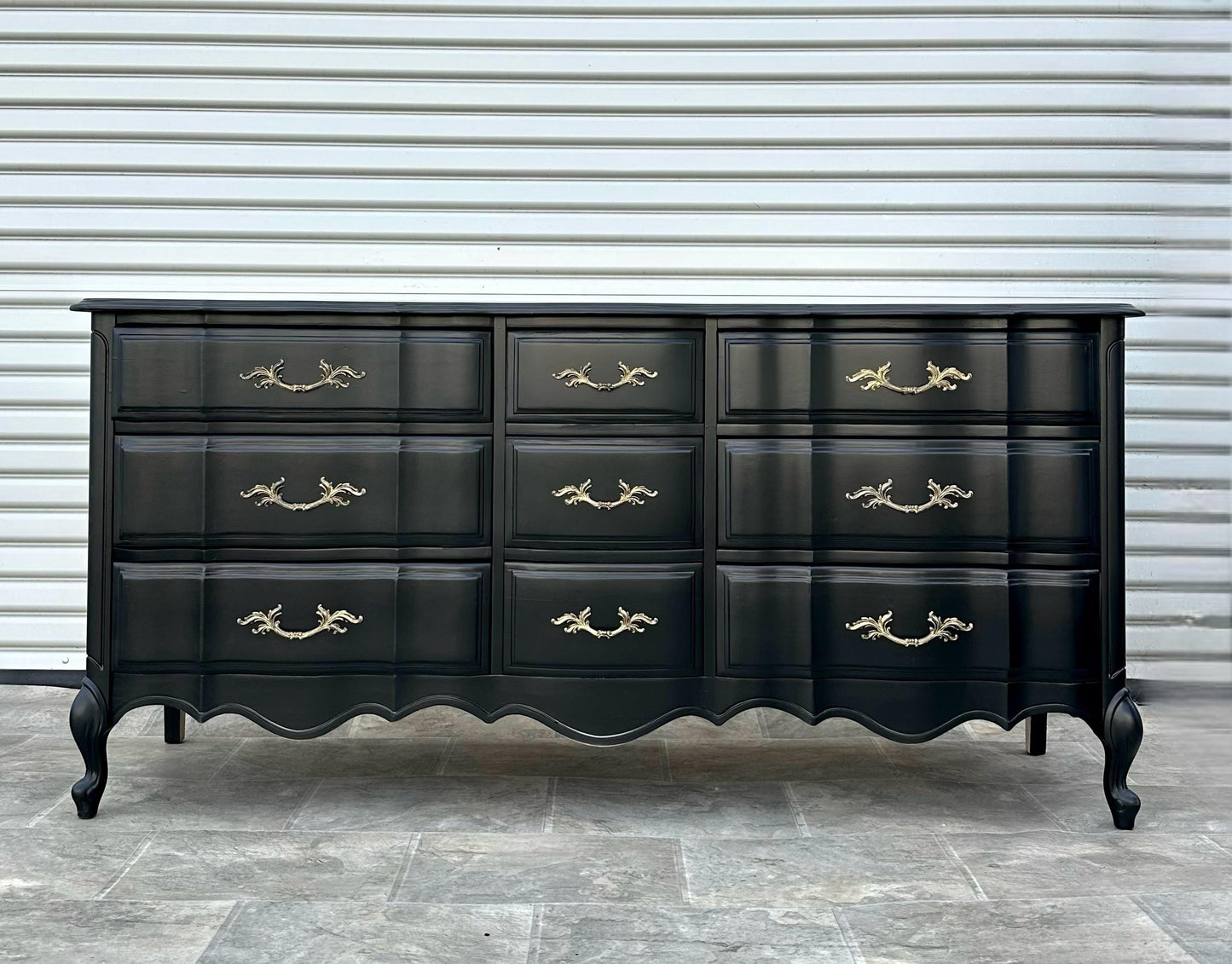 Sold Sold Sold Do Not Purchase** example of work  Black Vintage Antique French Provincial Wood Chest Drawers Long  Serpentine Dresser