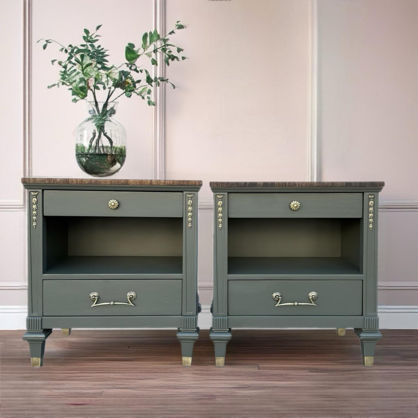 Sold Sold Sold * Do Not Purchase ** Modern Mid Century MCM French Deep Green Solid Wood set of 2 Night Stands End Table Side