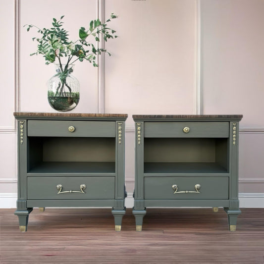 Sold Sold Sold * Do Not Purchase ** Modern Mid Century MCM French Deep Green Solid Wood set of 2 Night Stands End Table Side