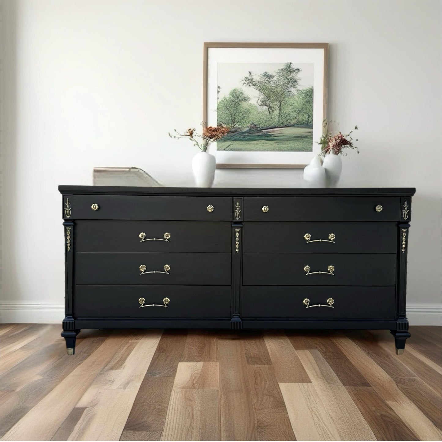 Free Shipping** French Boardier Black Mid Century MCM Modern Long 8 drawer Gold Dresser Buffet Credenza