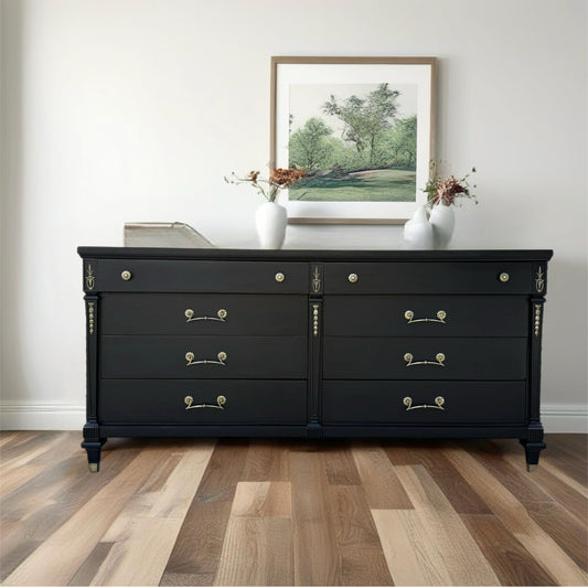 Free Shipping** French Boardier Black Mid Century MCM Modern Long 8 drawer Gold Dresser Buffet Credenza