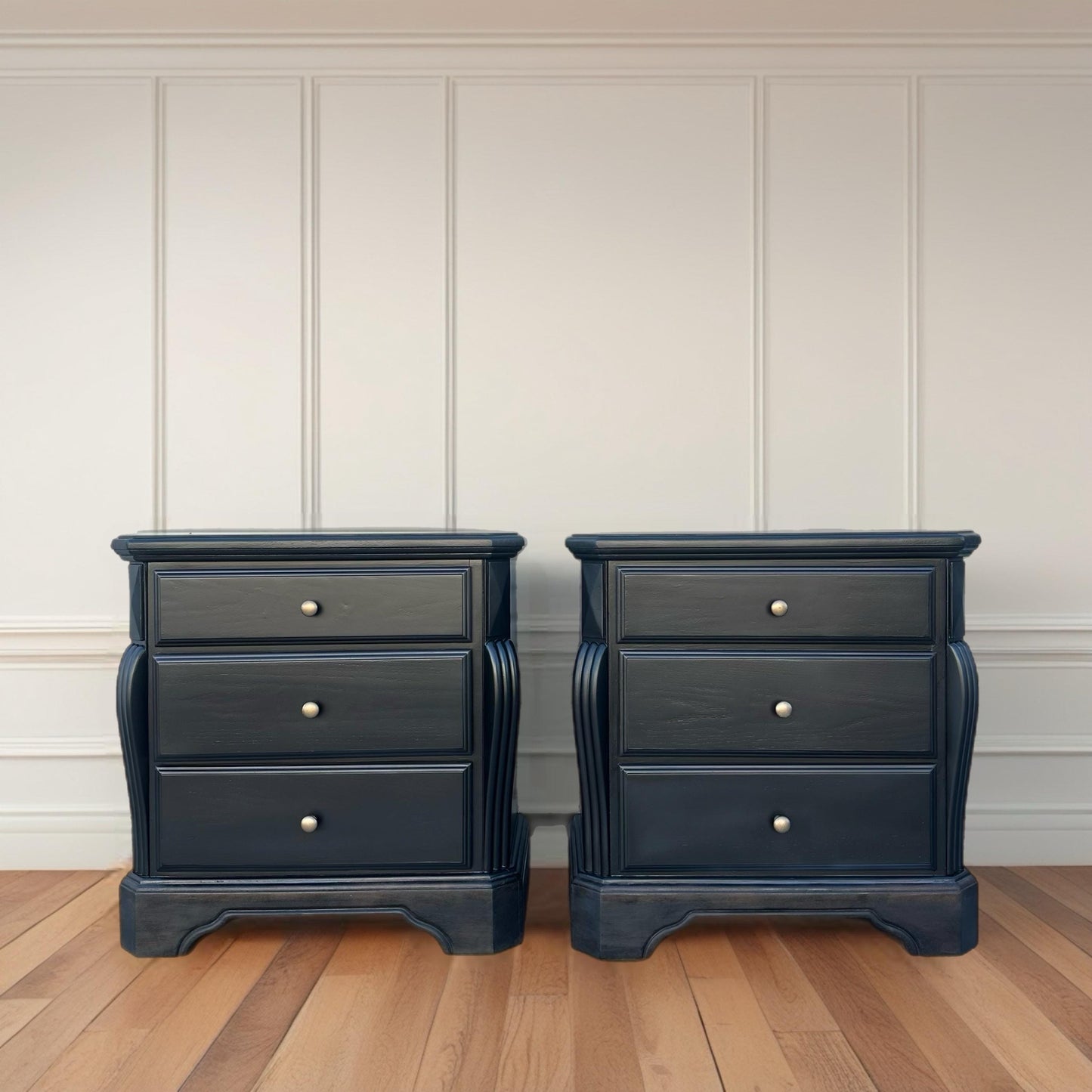 FREE SHIPPING *** Solid Wood Large Black Wood Modern MCM Set of 2 Nightstands End Tables Dresser Drawer Side Tables Night Stands