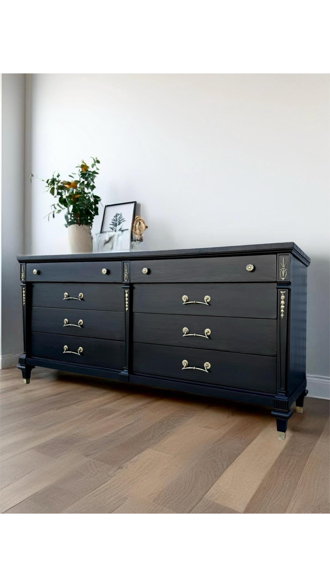 Free Shipping** French Boardier Black Mid Century MCM Modern Long 8 drawer Gold Dresser Buffet Credenza