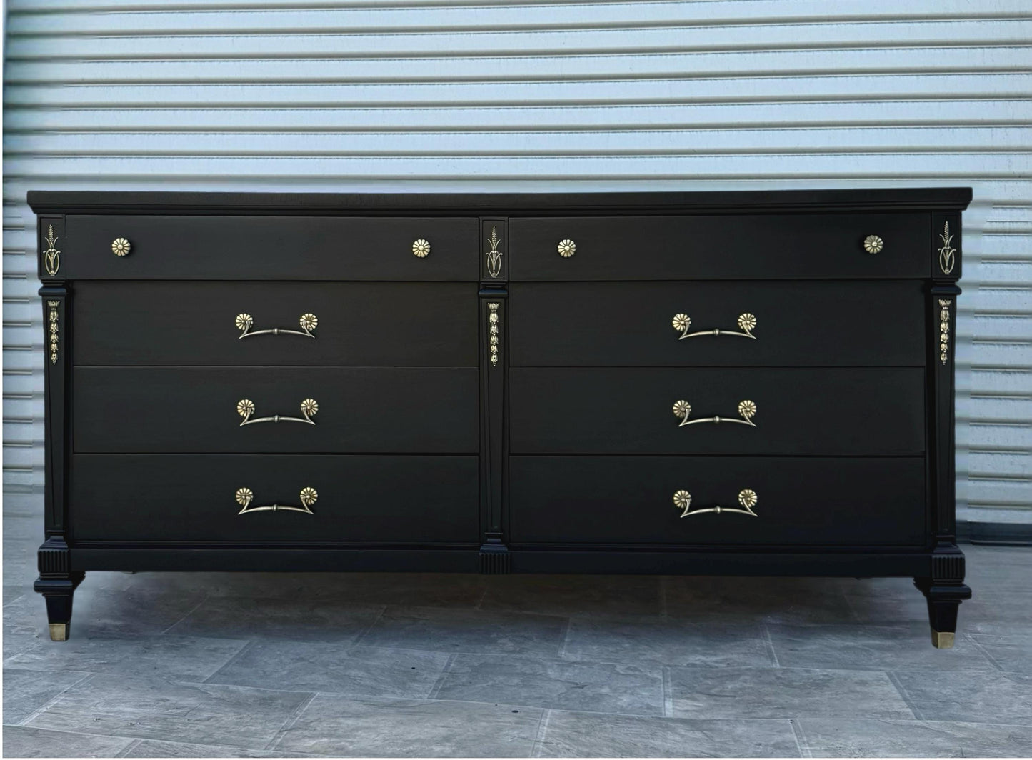 Free Shipping** French Boardier Black Mid Century MCM Modern Long 8 drawer Gold Dresser Buffet Credenza