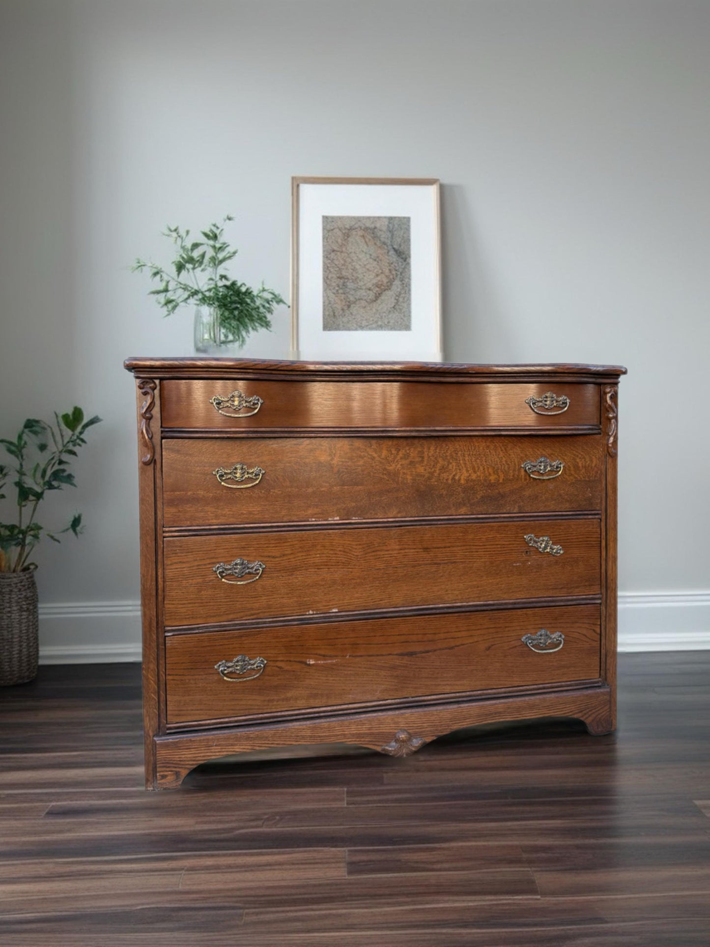 Customize Restore/Paint Vintage Antique Serpentine French Solid Oak Chest of Drawers Dresser Cabinet Buffet