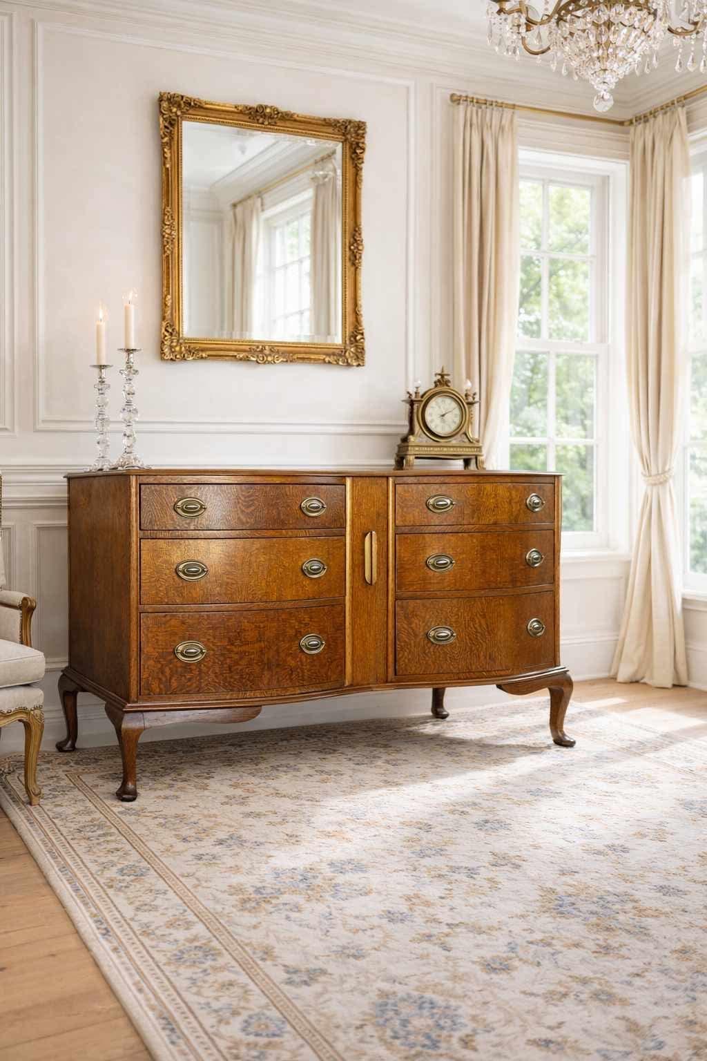 FREE SHIPPING *** Antique Vintage Solid Wood Tiger Oak FULLY Restored 6 Drawer Buffet Credenza Cabinet Dresser French Furniture