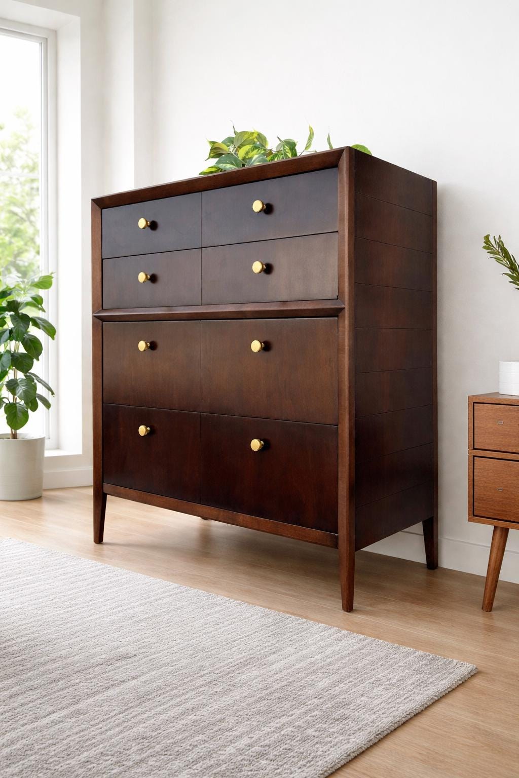 FULLY RESTORED**free shipping** Vintage Antique Solid Wood Mid Century MCM Modern Tall Wide Dark Walnut Gold 1960s Dresser Chest of Drawers