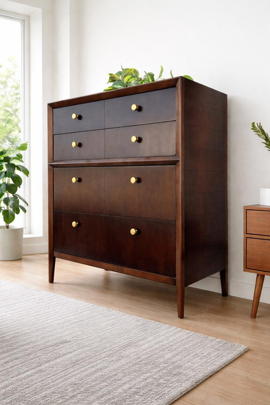 FULLY RESTORED**free shipping** Vintage Antique Solid Wood Mid Century MCM Modern Tall Wide Dark Walnut Gold 1960s Dresser Chest of Drawers