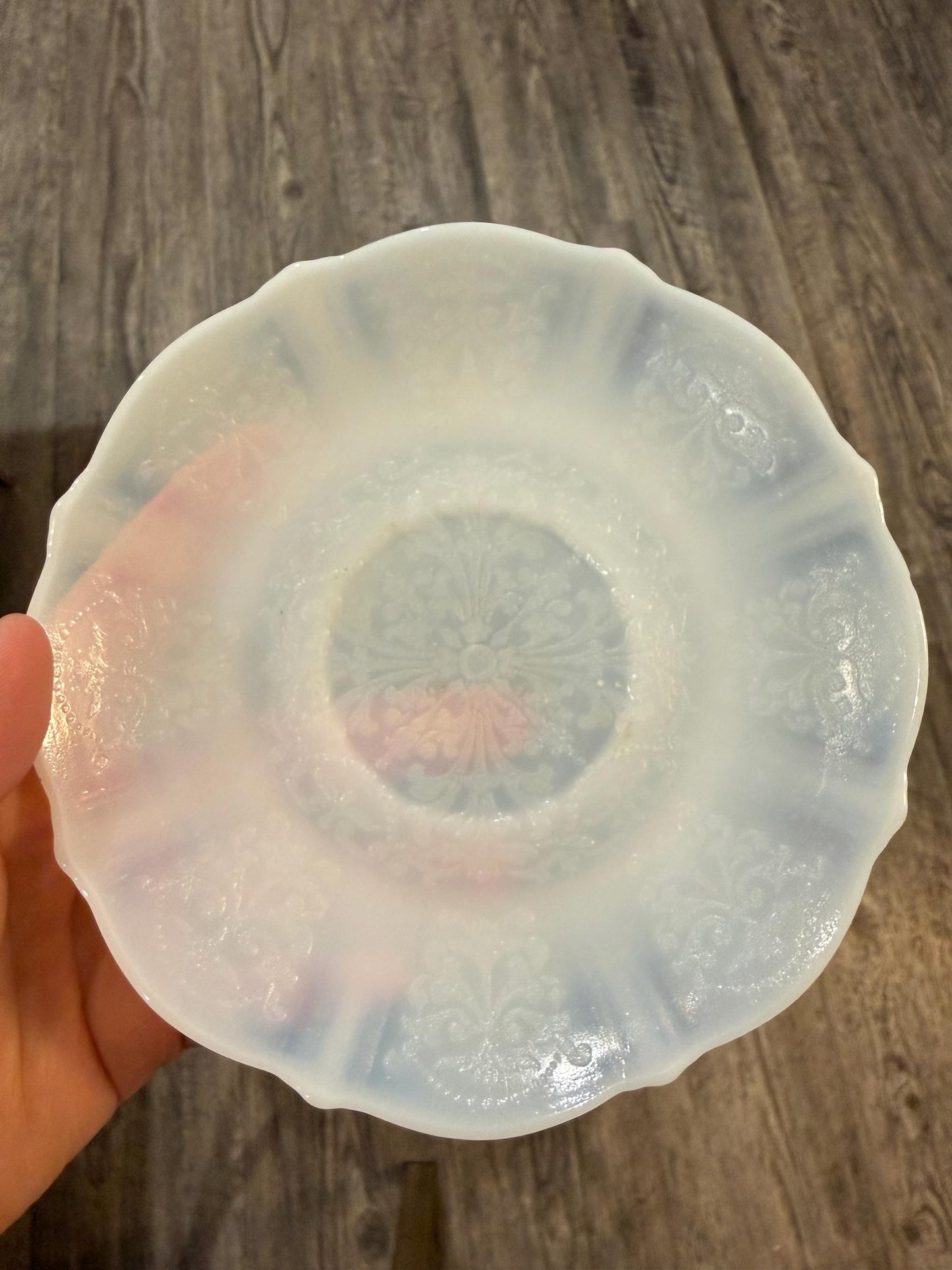 Set of 4 Vintage Antique Old MacBeth Evans Sweetheart Monax Opalescent Milk Glass Depression Era Glass Sweetheart Small plates tea plates