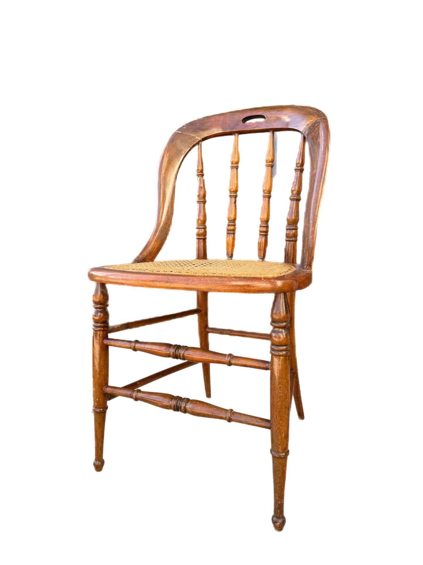 Vintage Antique 1900s Pierce Cane Wicker Solid Wood Spindle Accent Office Chair